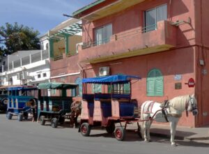 calèche garée devant des maisons colorées
