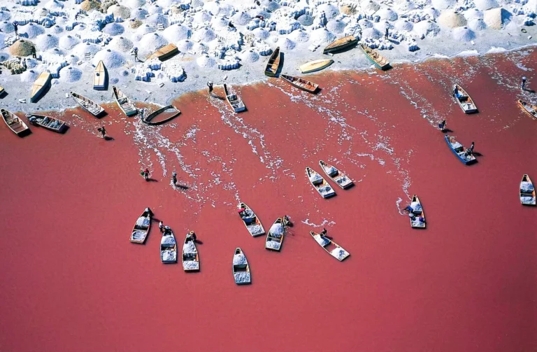 vue aérienne du lac rose au sénégal, avec des barques et des piles de sel en arrière-plan